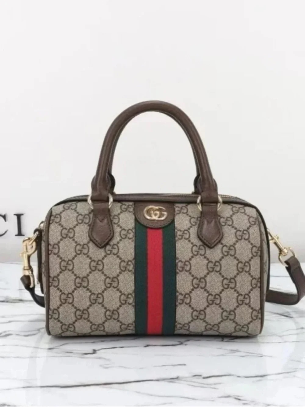 Gucci Brown GG Supreme Satchel with Signature Web Stripe